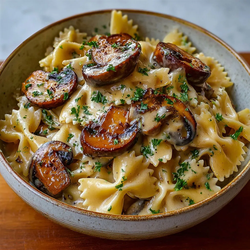 Farfalles crémeuses et savoureuses aux champignons, prêtes à partager dans la bonne humeur.