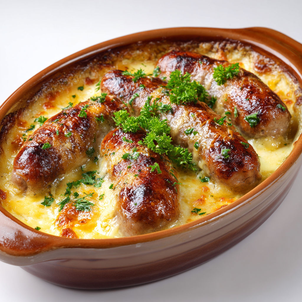 Coupe gourmande d’andouillette au fromage gratiné et sauce crémeuse, décorée d’herbes fraîches.