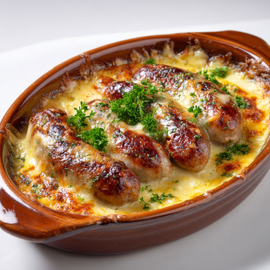 Assiette d’andouillette gratinée avec fromage et crème sur un plat.
