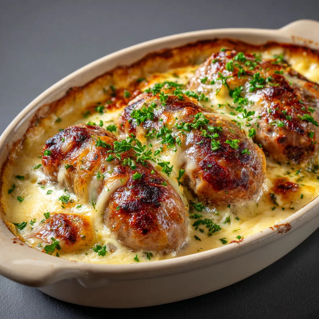 Gratin d’andouillette crémeux et fromage dans un bol.