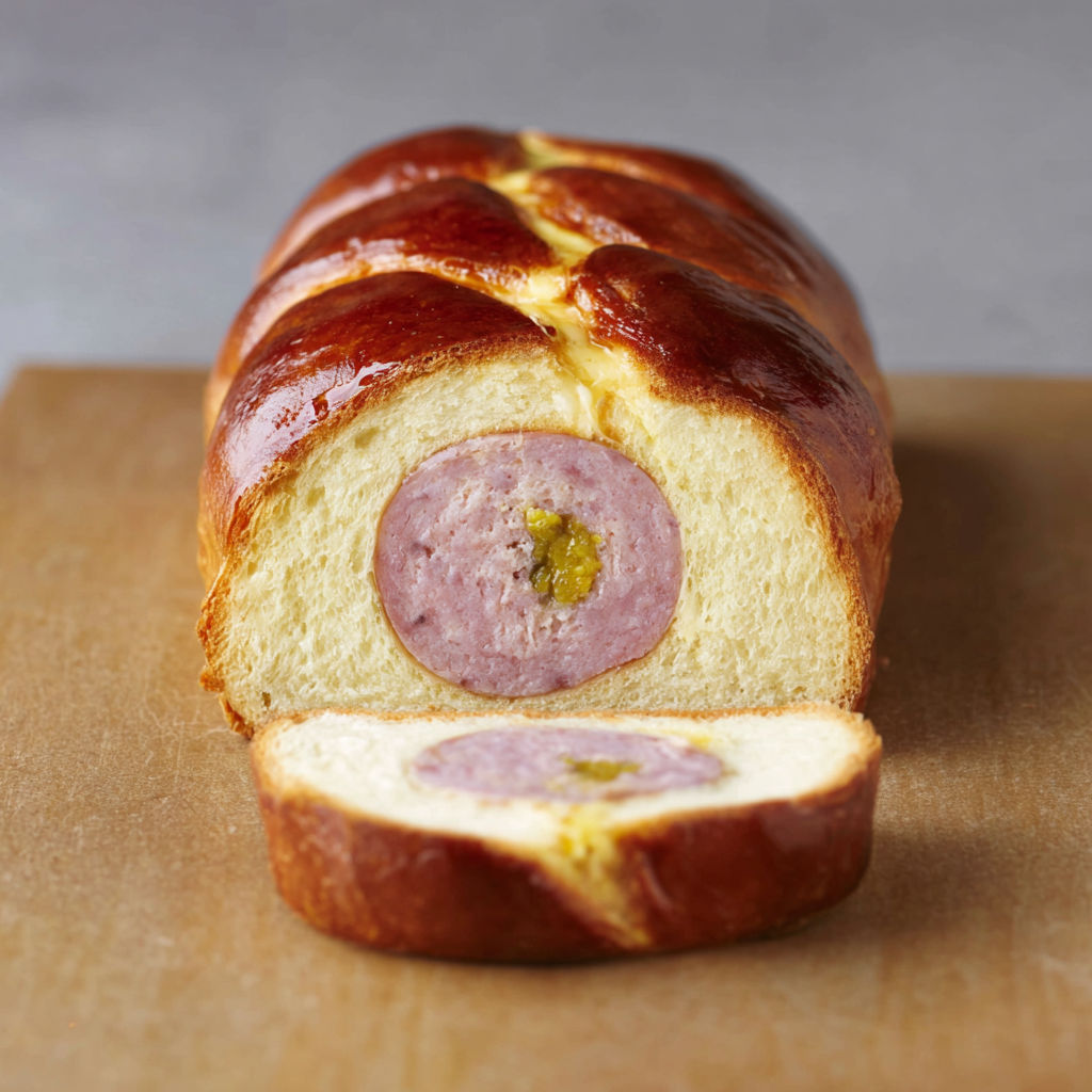 Brioche lyonnaise au cervelas : fondante et dorée, à partager.