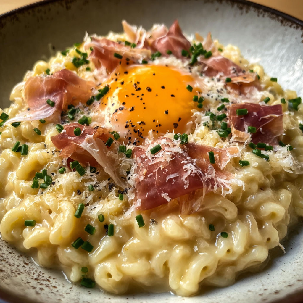 Un plat gourmand de coquillettes à la truffe, jaune confit et jambon croquant, décoré d'herbes fraîches.