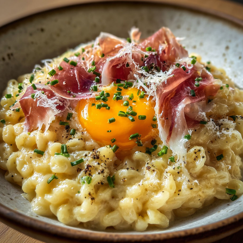 Plat crémeux de coquillettes à la truffe avec jaune fondant.