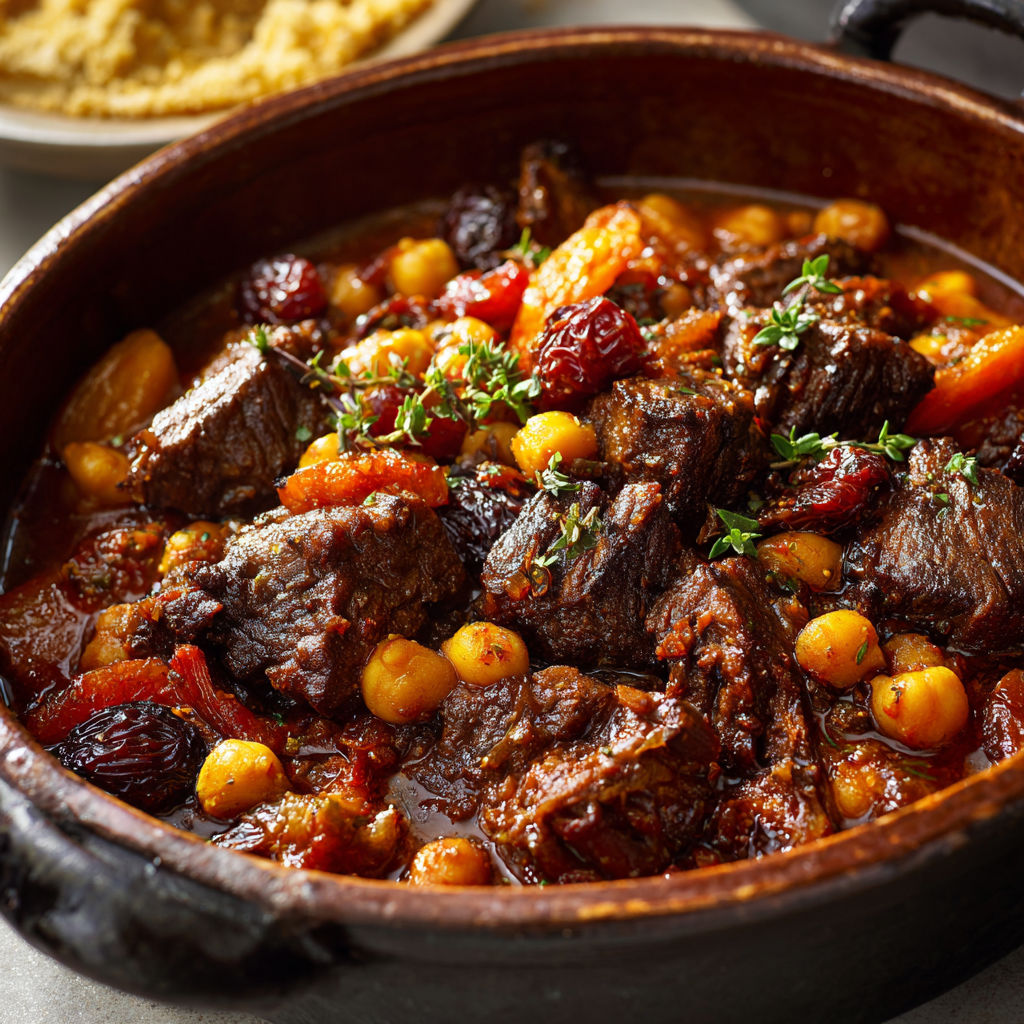 Bœuf fondant mijoté avec des figues et épices, généreux et réconfortant.