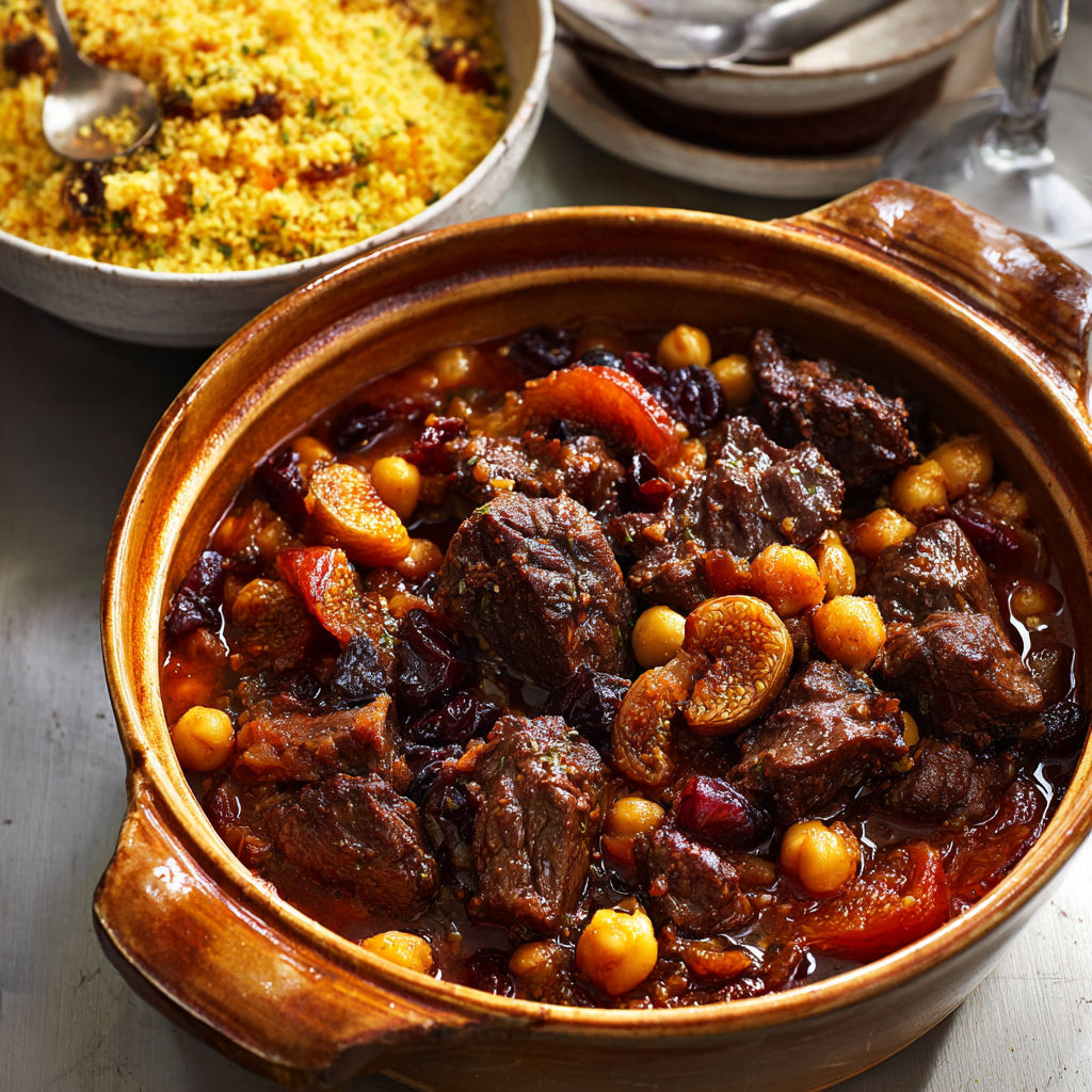 Un délicieux plat mijoté au bœuf et fruits secs présenté à table.