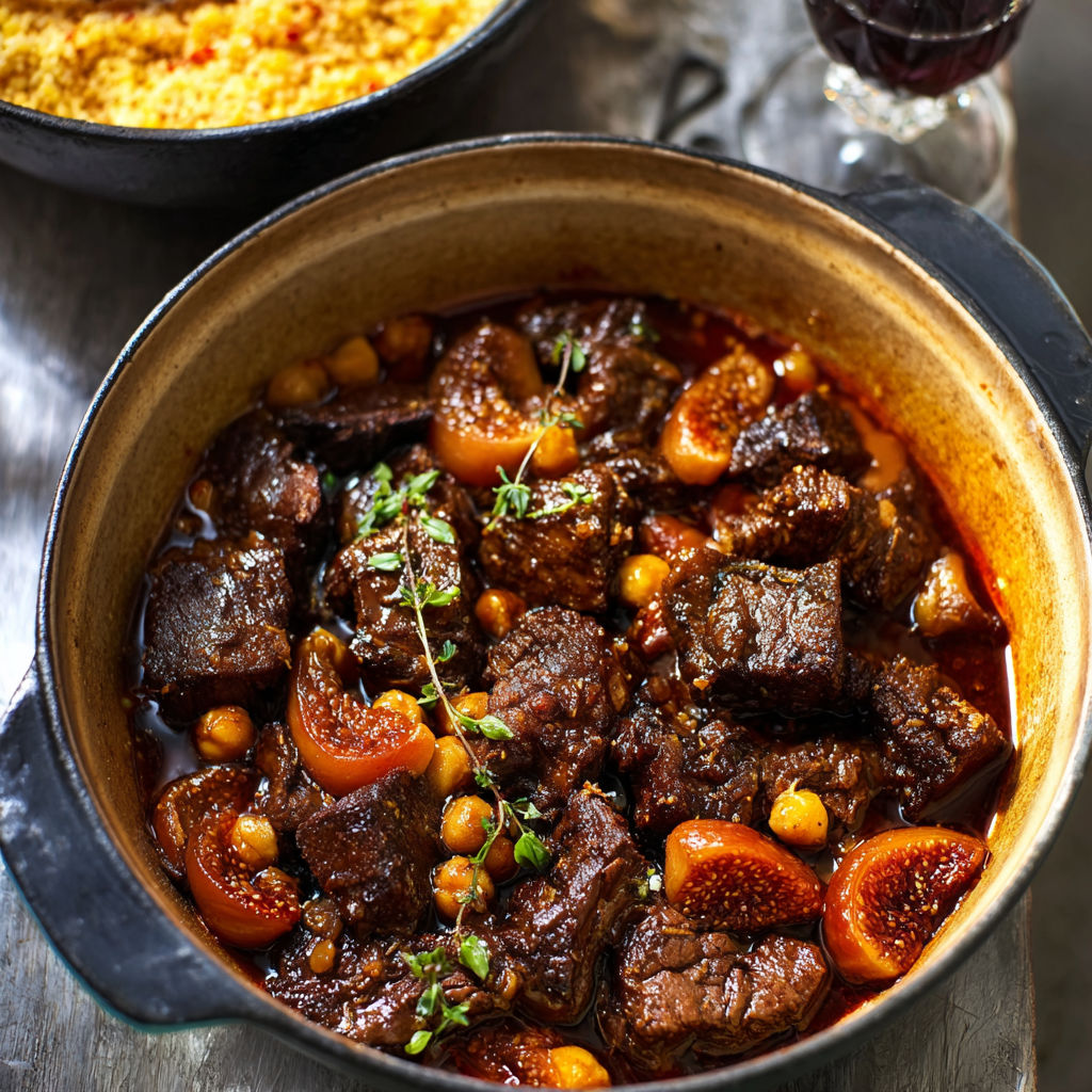 Délicieux mijoté au bœuf et fruits secs sur table conviviale.