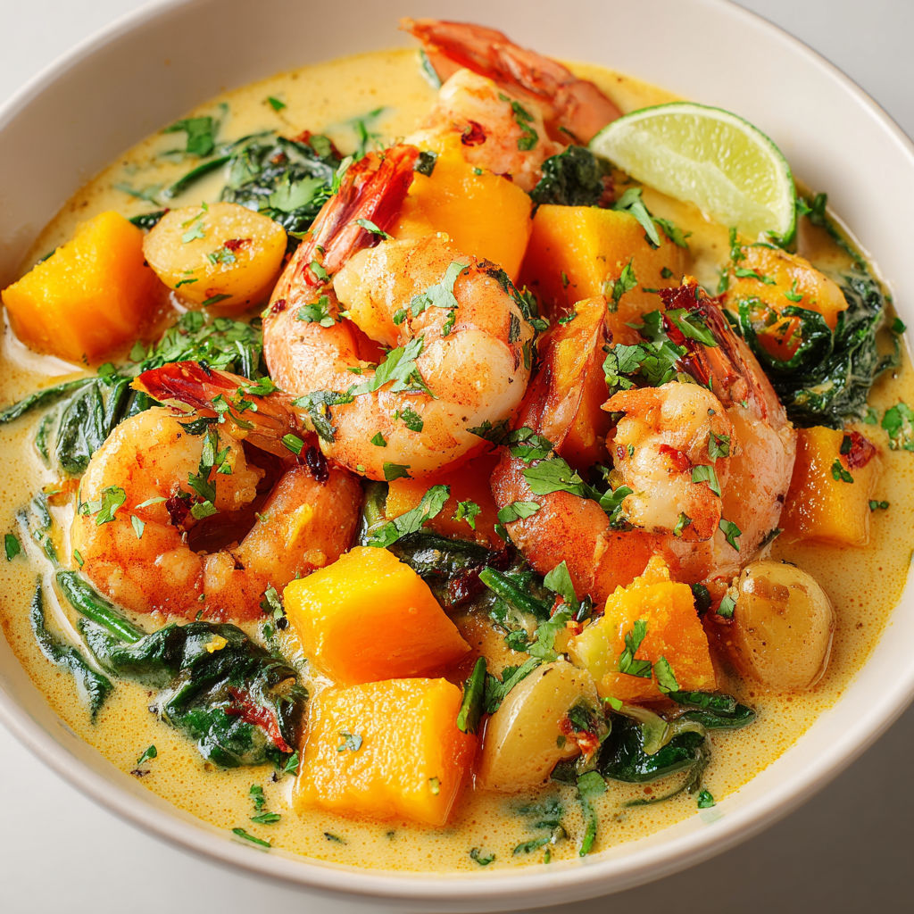 Un bol garni de crevettes, potiron et crème coco.