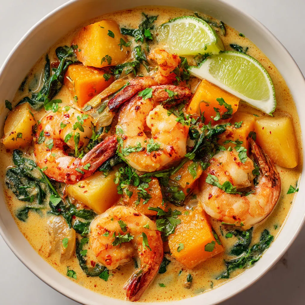 Blanquette exotique crevettes coco épinards.