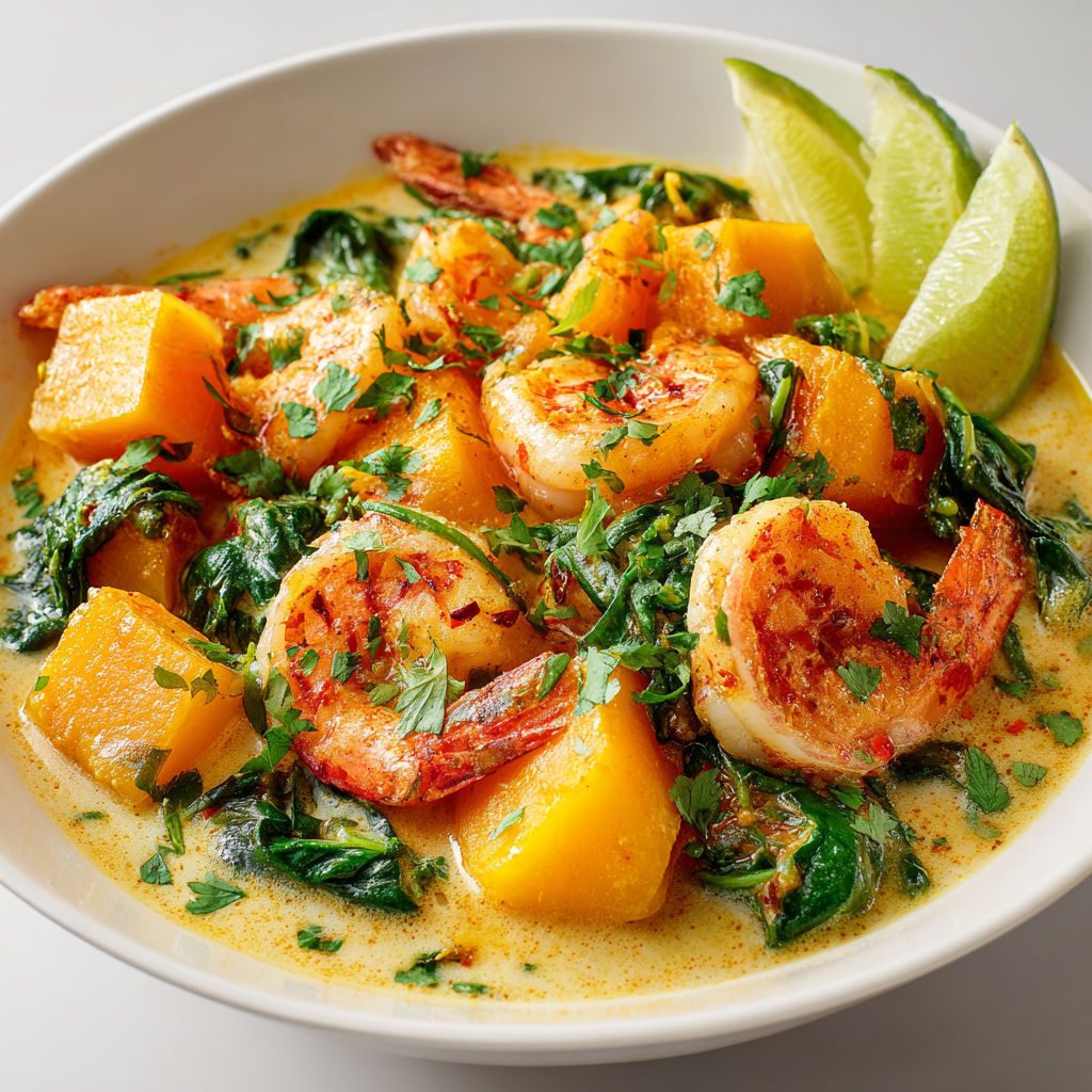 Blanquette de crevettes, potiron et crème coco.