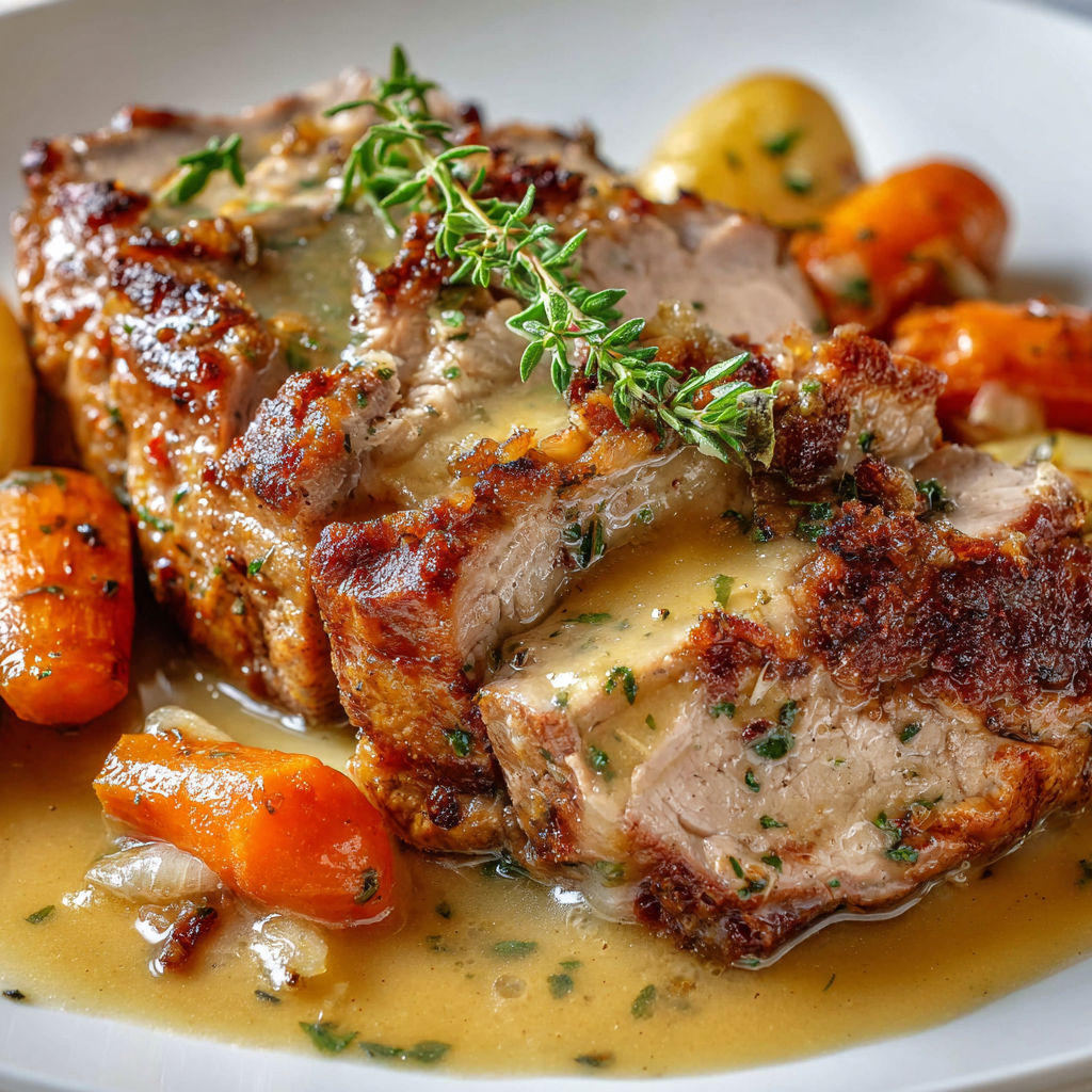 Plat de veau fondant, jus clair et légumes, prêt à servir.