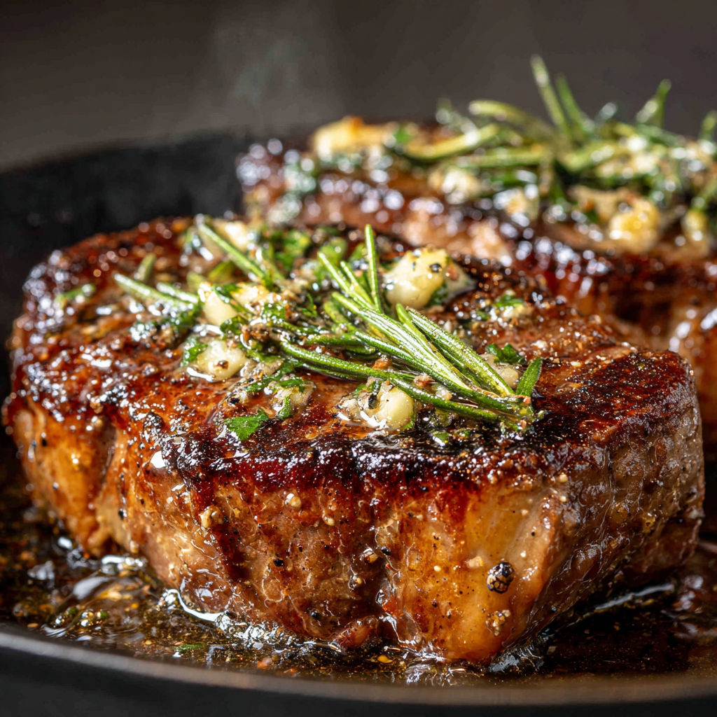 Deux steaks de bœuf tendres avec beurre fondu et ail sur un plat vu de dessus.