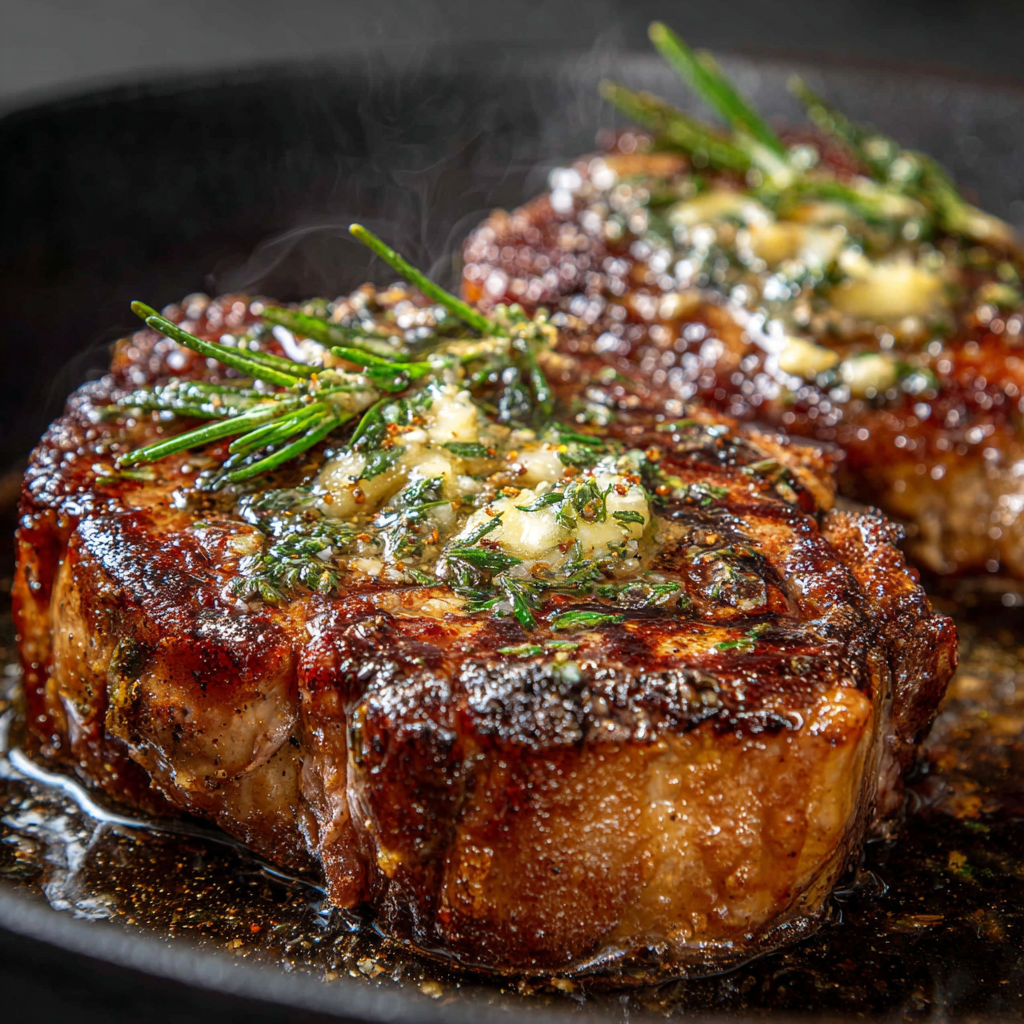 Ribeye juteux avec beurre fondu à l’ail doré.