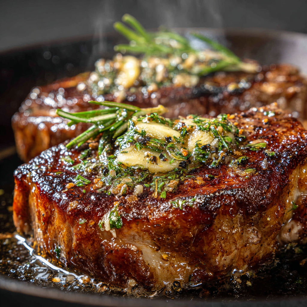 Entrecôte dorée, beurre à l’ail bien parfumé.