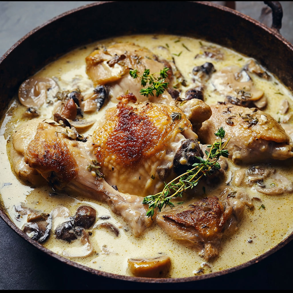 Un délicieux poulet de Bresse cuit au vin jaune et accompagné de champignons servis dans un plat rustique.