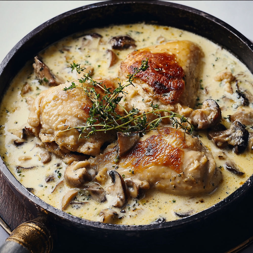 Plat de poulet à la crème, champignons et herbes fraîches.