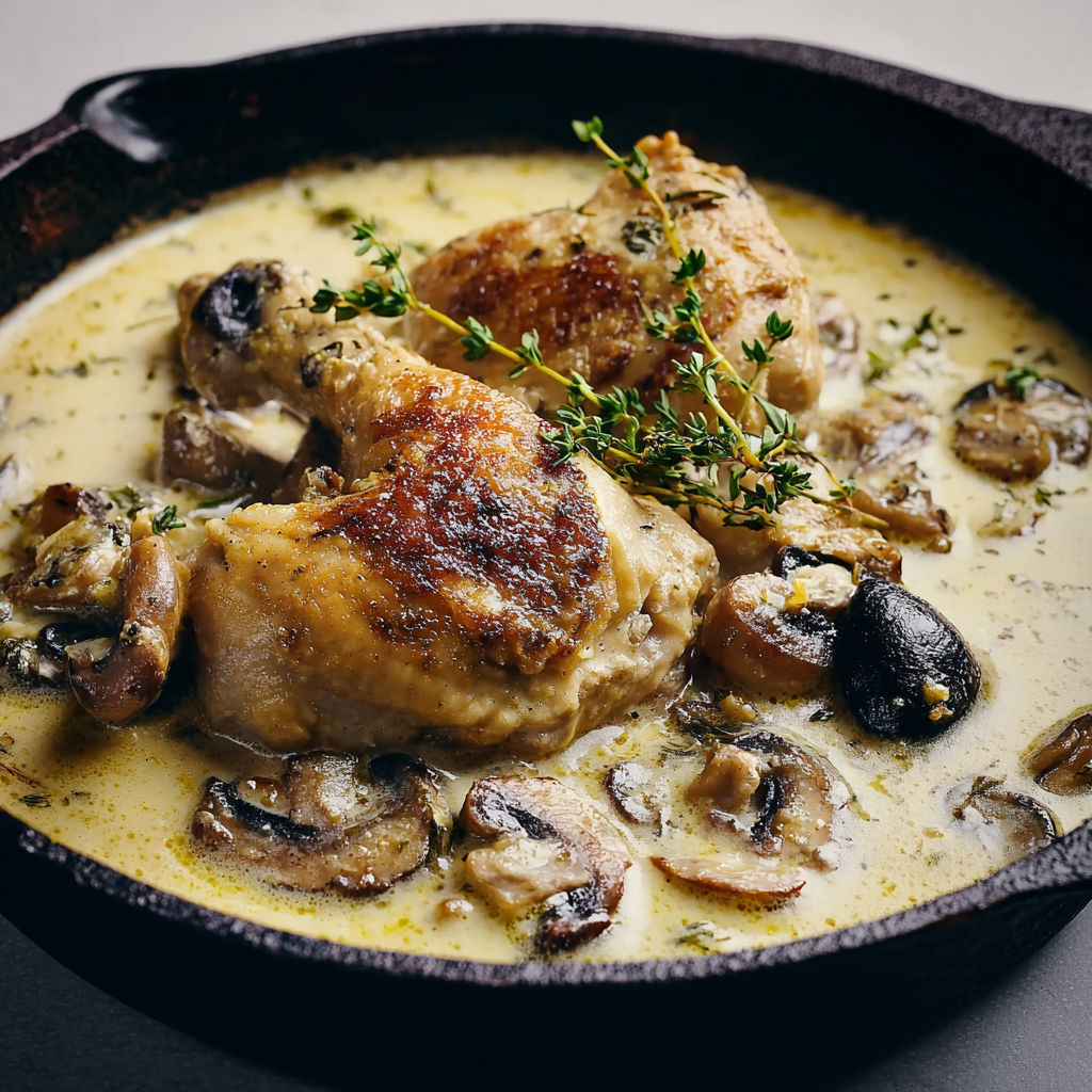Plat mijoté de poulet et champignons avec herbes fraîches.