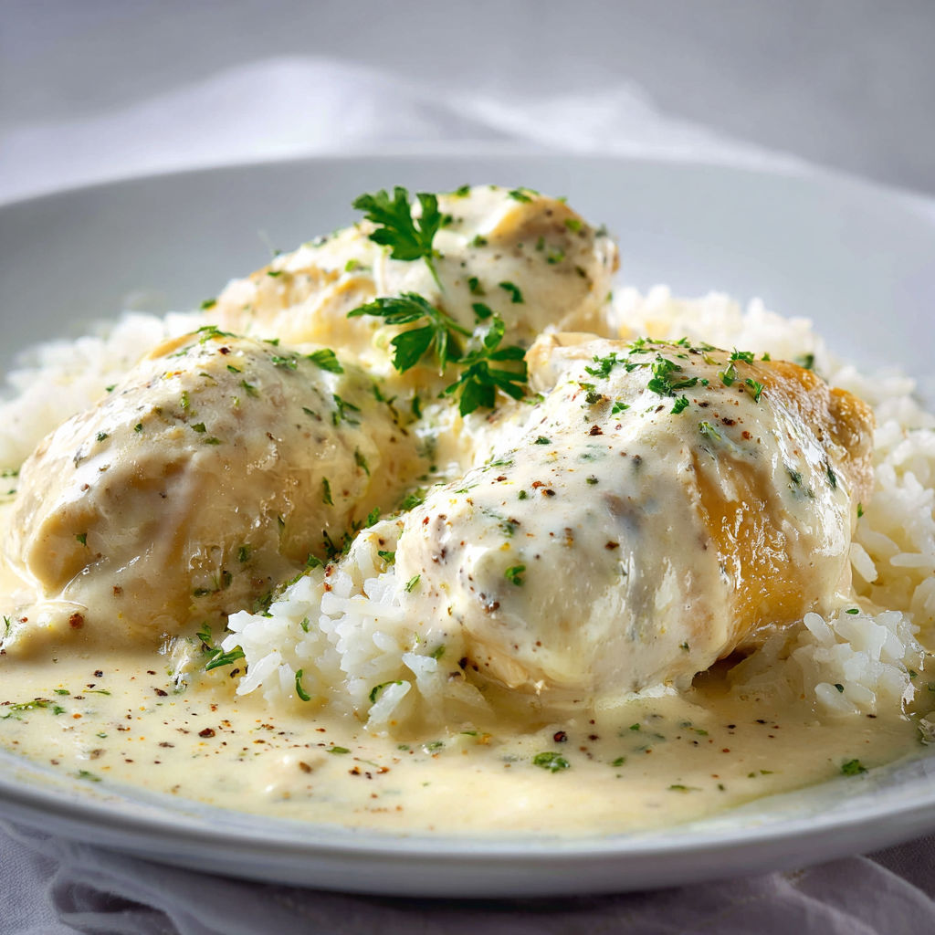 Une assiette de volaille avec riz et sauce crémeuse servie sur une table conviviale.