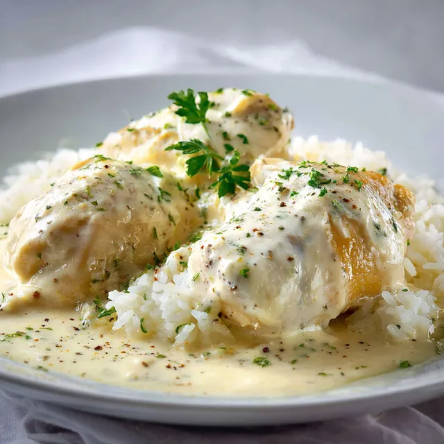 Une assiette de volaille avec riz et sauce crémeuse servie sur une table conviviale.
