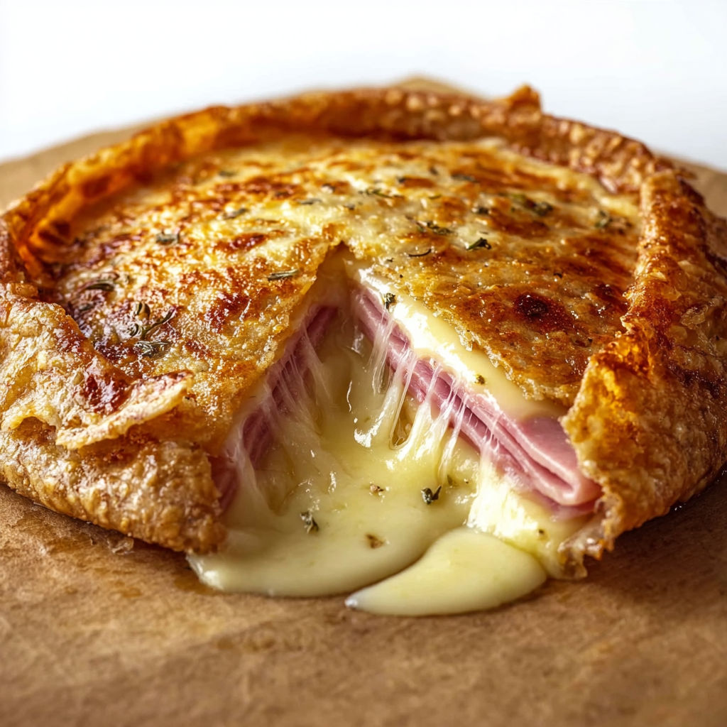 Une belle galette croustillante au jambon et fromage déposée sur une planche.