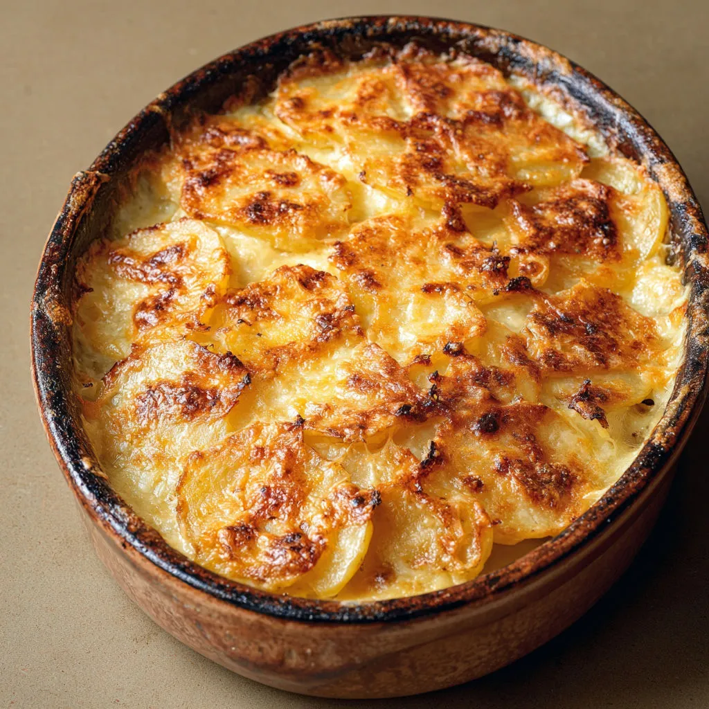 Un gratin à la tomme de Savoie, servi dans un bol en bois, avec une croûte dorée.