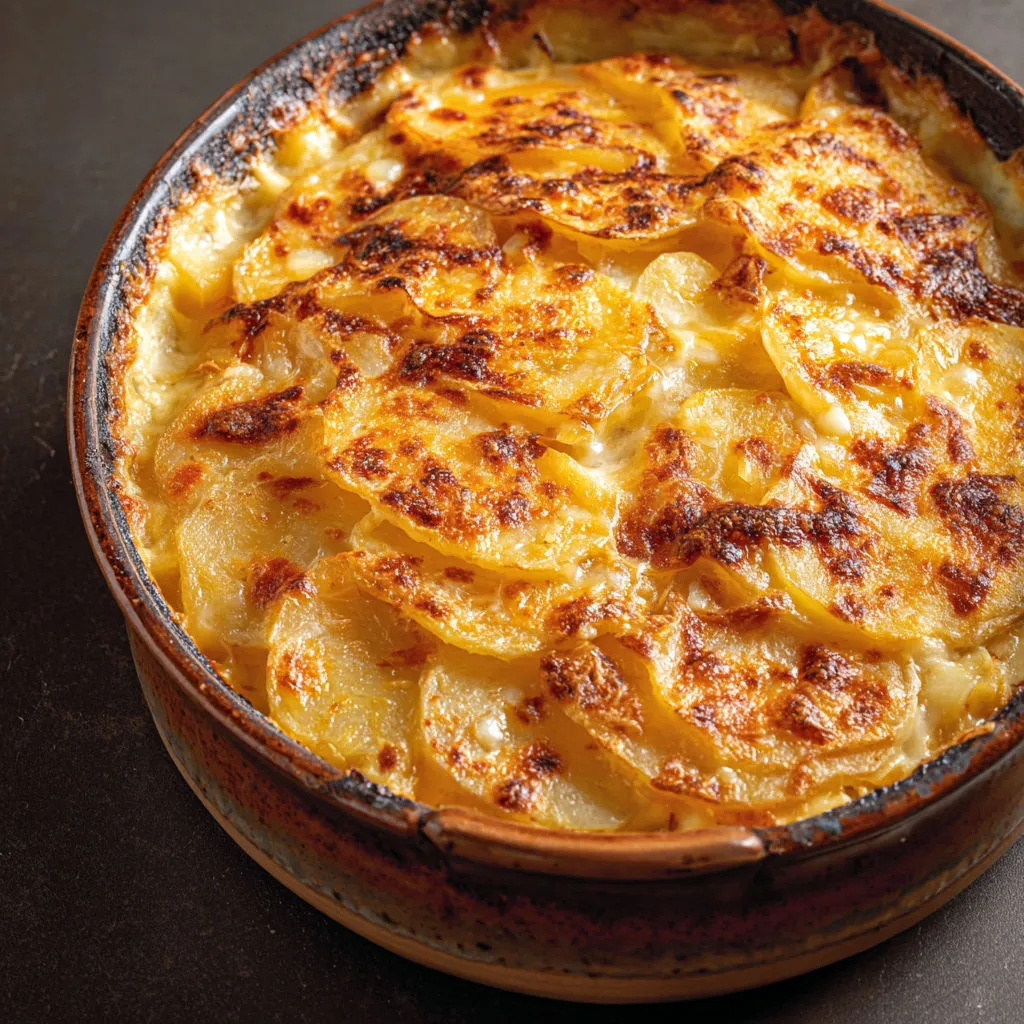 Gratin savoyard fondant à la Tomme, fromage coulant et croûte dorée.