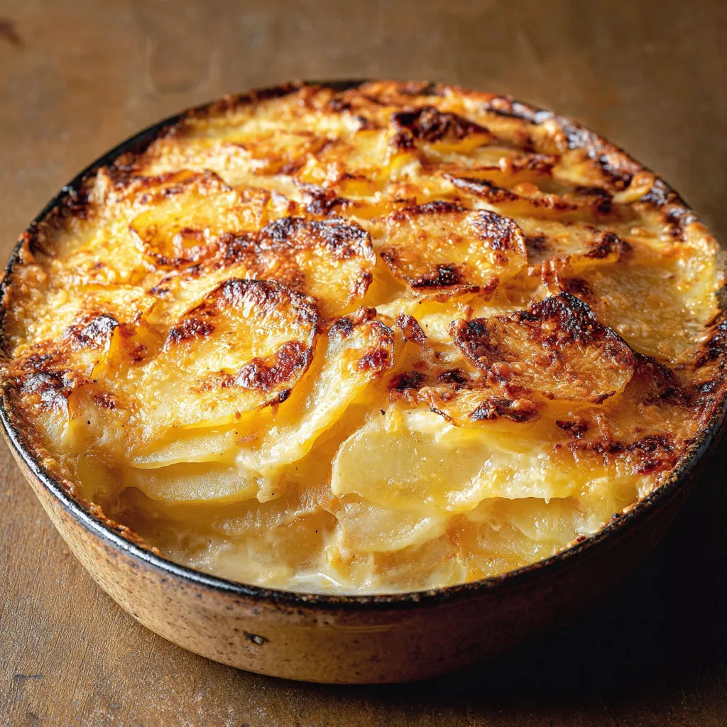 Authentique gratin savoyard, tomme filante et croûte dorée.