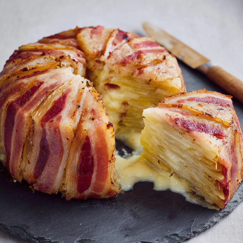 Une part fondante de gratin de pommes de terre au reblochon, accompagnée d'une fine tranche tombante.