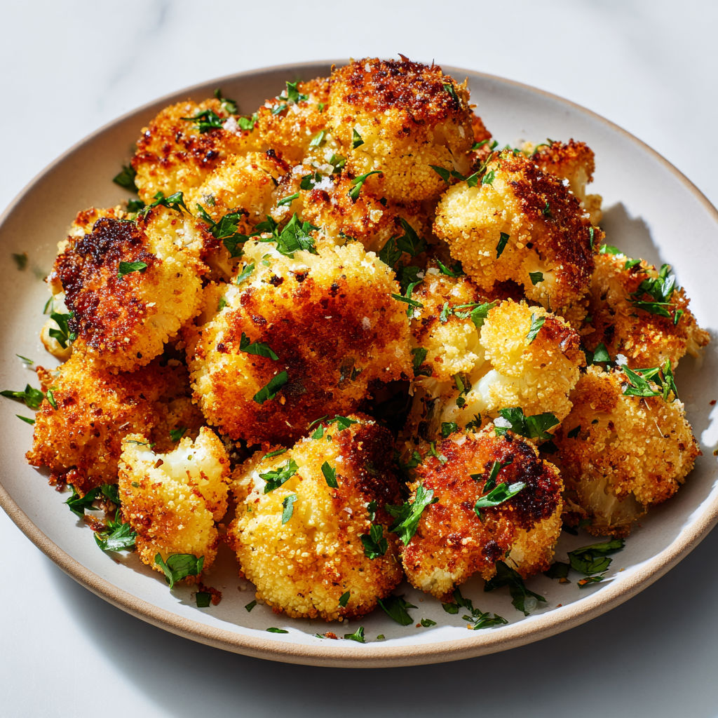 Assiette de chou-fleur croustillant au parmesan, doré et savoureux.