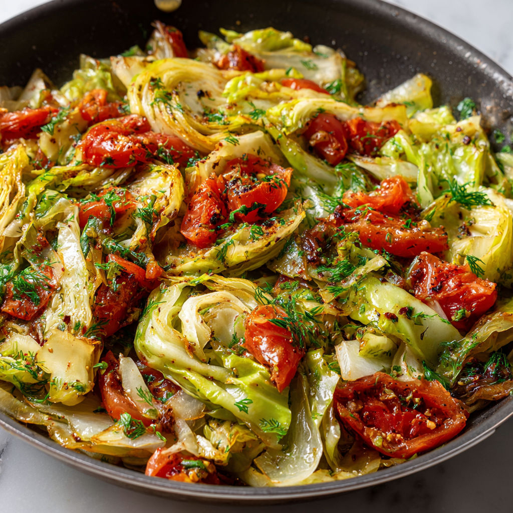 Un chou doré avec tomates juteuses, herbes fraîches et une touche d'huile d'olive.