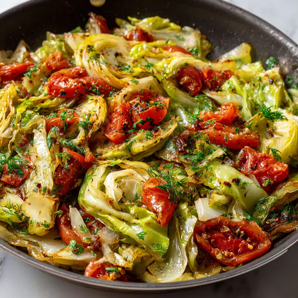 Un chou doré avec tomates juteuses, herbes fraîches et une touche d'huile d'olive.