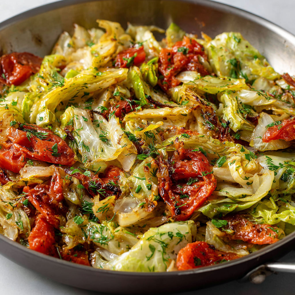 Chou Méditerranéen fondant avec tomates et herbes fraîches.
