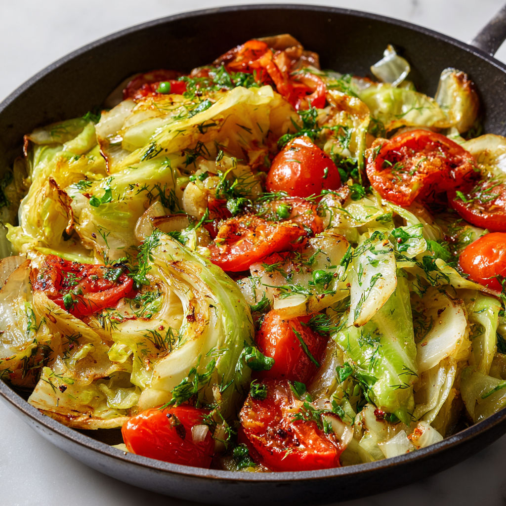 Chou Vert poêlé, tomates et herbes du jardin.