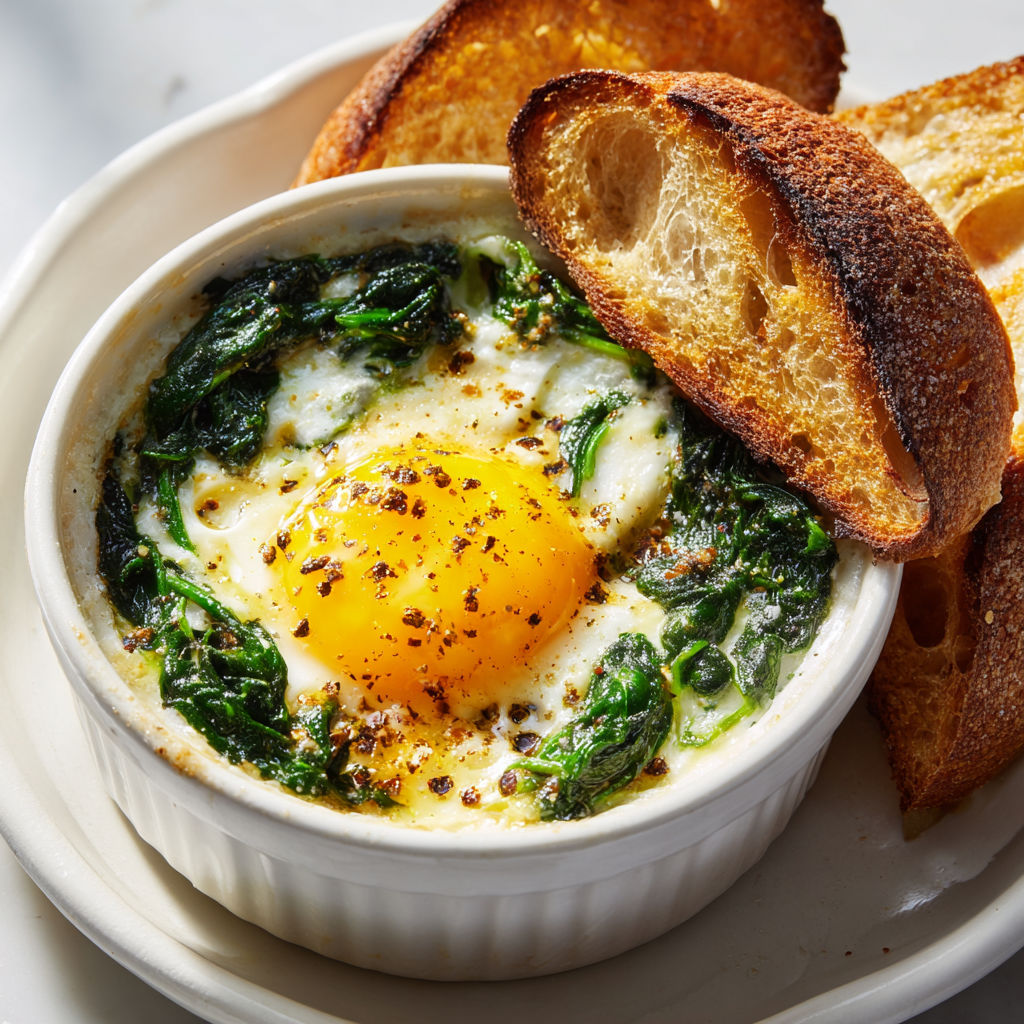 Un bol d’œufs cocotte au chèvre servi avec du pain chaud, préparation rapide.