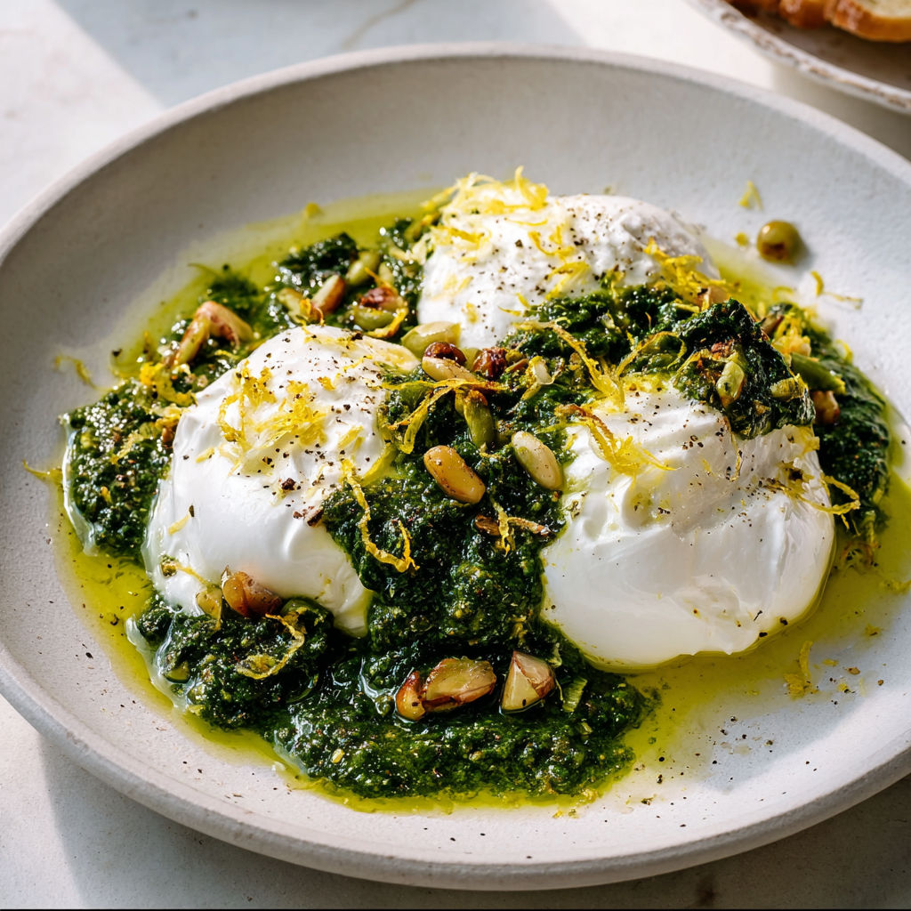 Une burrata hivernale aux saveurs étonnantes servie avec amour dans une assiette en céramique.