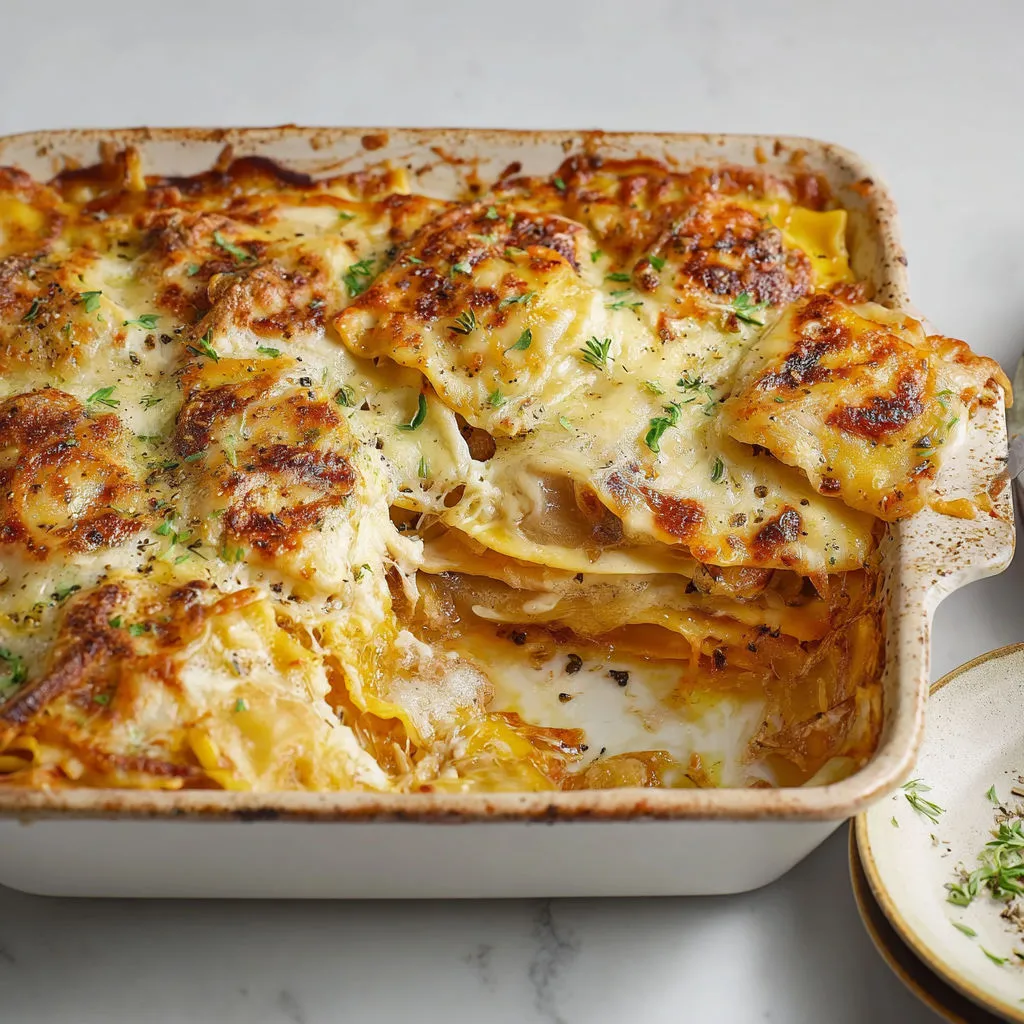 Gratin aux ravioles et comté fondant, orné d'herbes fraîches et d'épices.