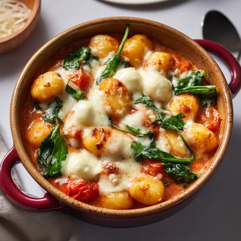 Une cocotte généreuse de gnocchis avec sauce tomate fondante, épinards sautés et mozzarella dorée en gratin.