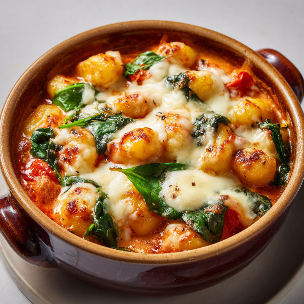 Gnocchis dans une sauce onctueuse aux tomates, épinards et mozzarella, présentés sur un plateau.