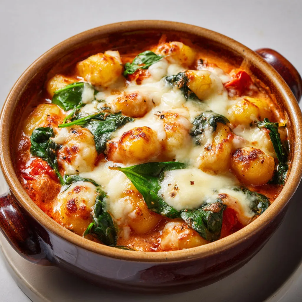 Gnocchis dans une sauce onctueuse aux tomates, épinards et mozzarella, présentés sur un plateau.