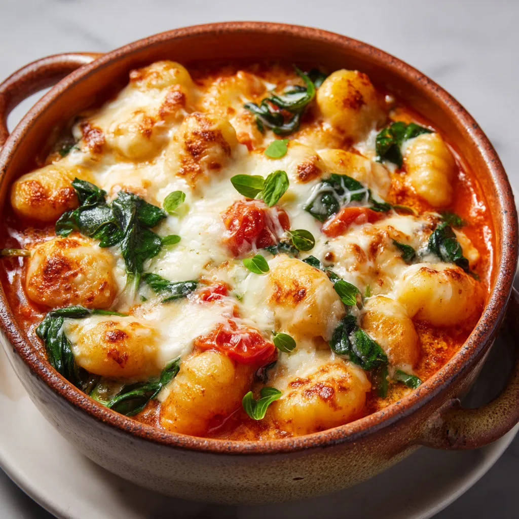 Un plat en terre rempli de gnocchis tout chauds, sauce tomate crémeuse, épinards et mozzarella fondue.
