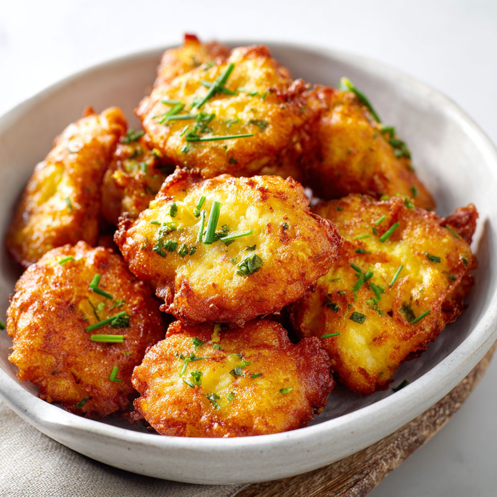 Une assiette d’acras de morue dorés et maison.