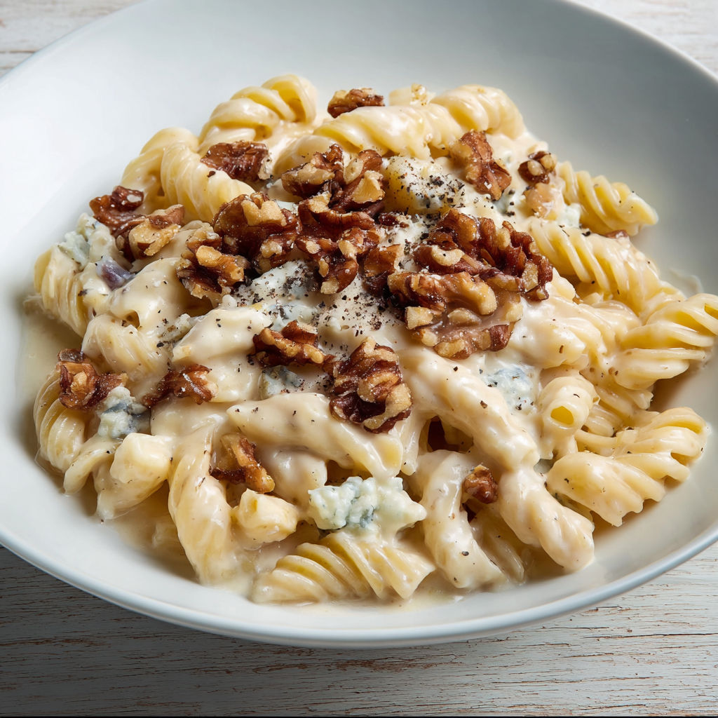Des pâtes généreusement enrobées de gorgonzola coulant, accompagnées de noix croquantes et prêtes en quelques instants.