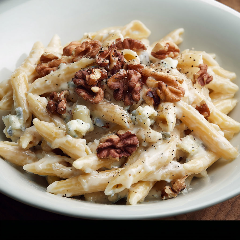 Une assiette de pâtes gorgonzola super crémeuse, très rapide à faire et pleine de croquant grâce aux noix.