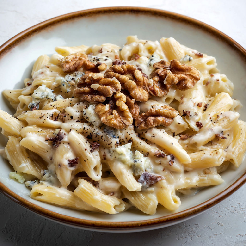 Une assiette de pâtes gorgonzola super crémeuse, très rapide à faire et pleine de croquant grâce aux noix.