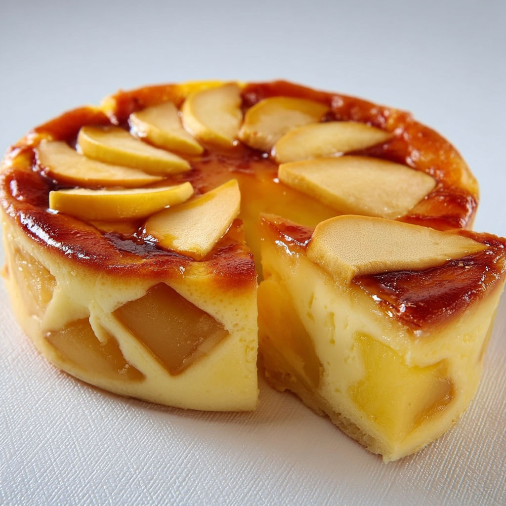 Un flan léger avec des pommes et du yaourt, délicatement présenté avec des morceaux de pommes.