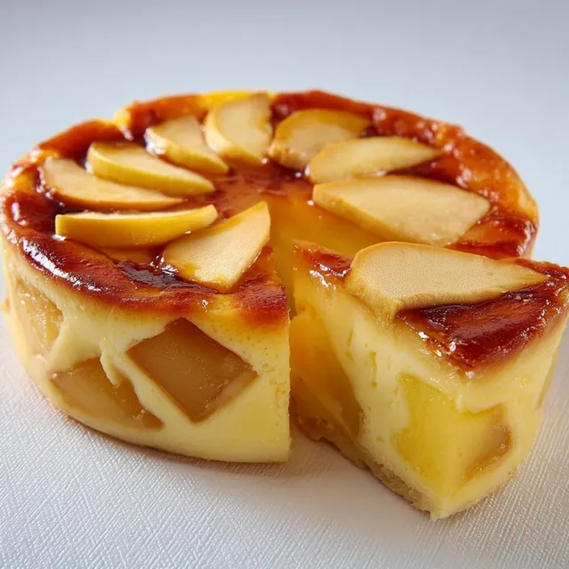 Un flan léger avec des pommes et du yaourt, délicatement présenté avec des morceaux de pommes.