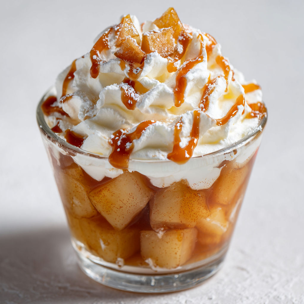 Verrine garnie de pommes caramélisées, chantilly et nappée de caramel.