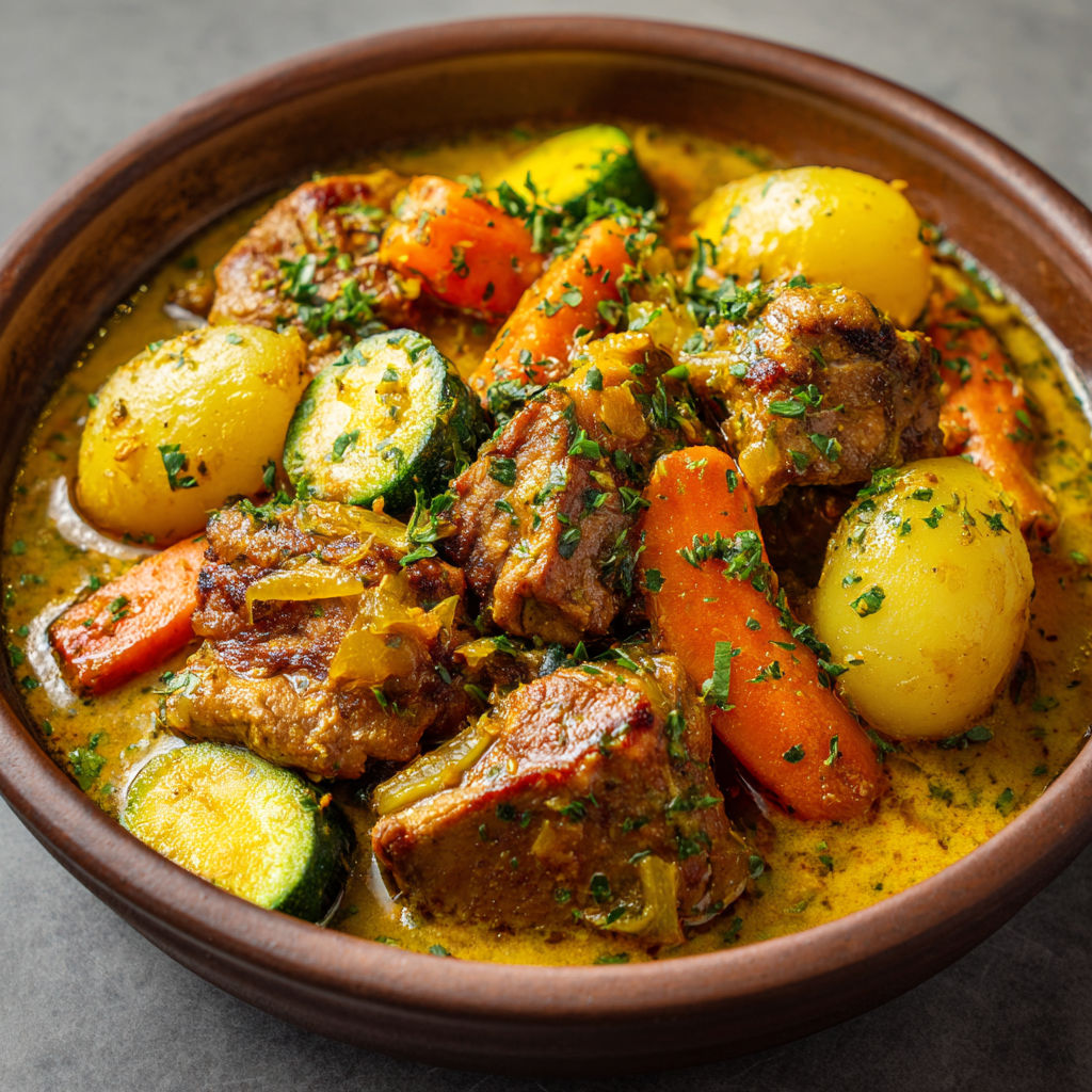 Un savoureux colombo de porc accompagné de légumes, parfumé d'épices et d'herbes fraîches.