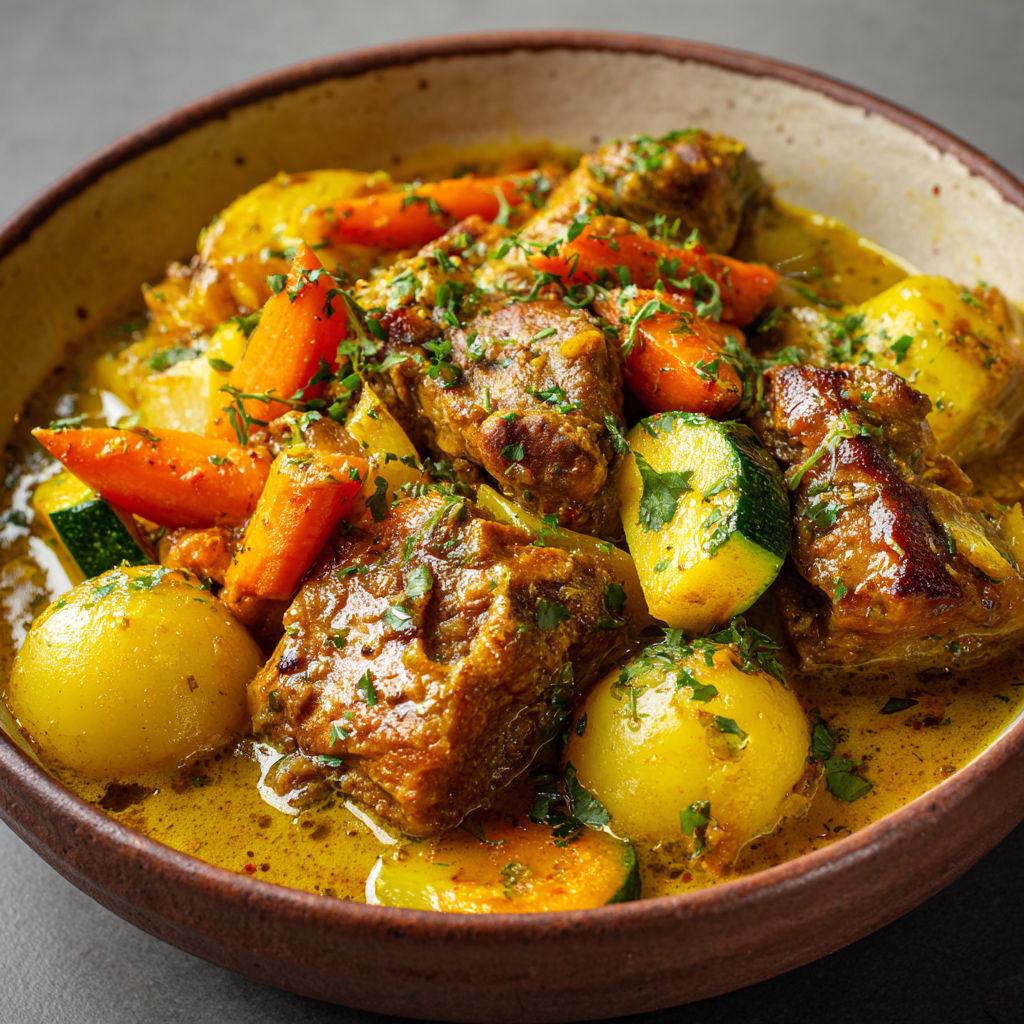 Plat de porc antillais au colombo, mijoté plein d’épices et de couleurs.