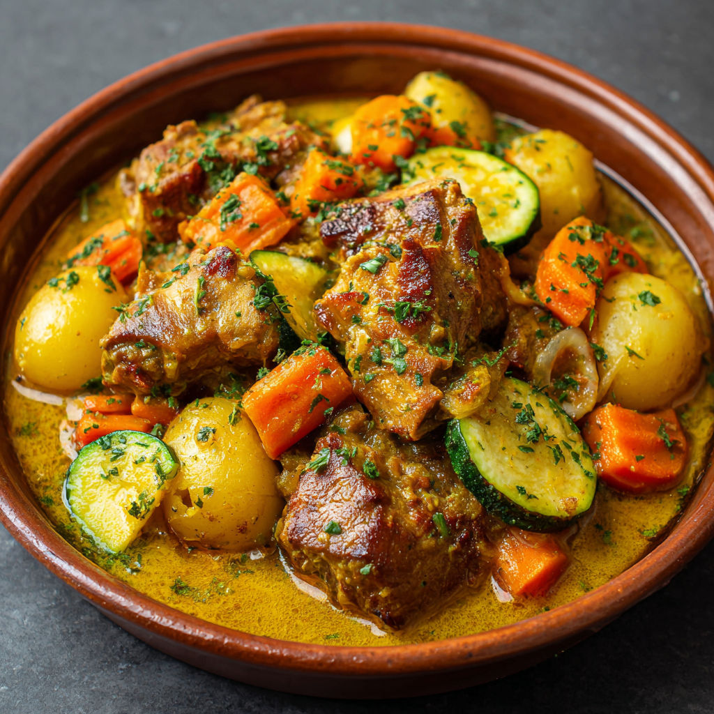 Porc ultra fondant parfumé au colombo, direction Antilles dans l’assiette.