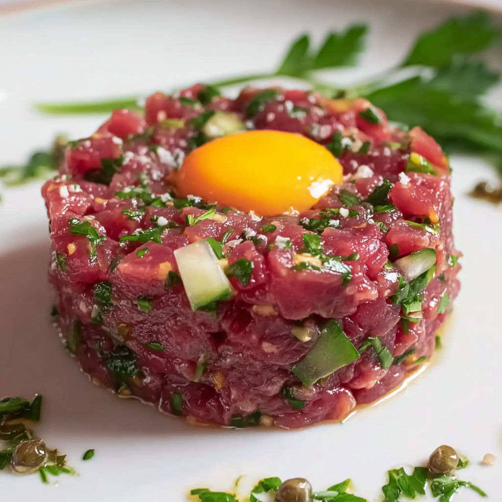 Tartare de bœuf façon années 80 sur une assiette.